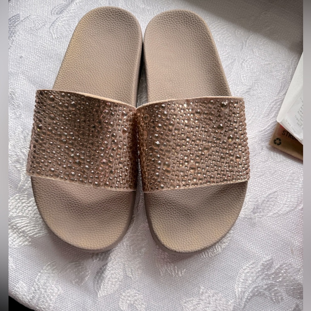 INC International Concepts Embellished Slide Sandals in Rose Gold